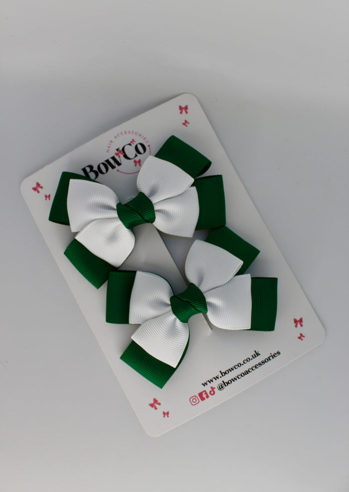School Bow Green and White - Layer Bow Set - Clip