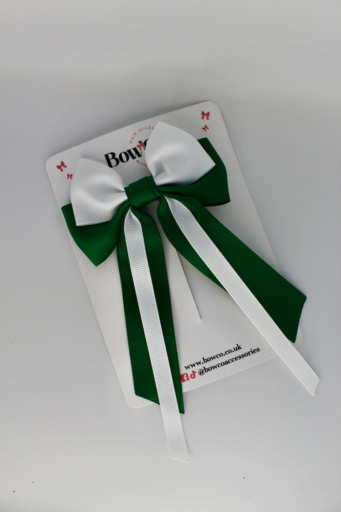 School Bow Green and White Streamer Tail Bow - Clip