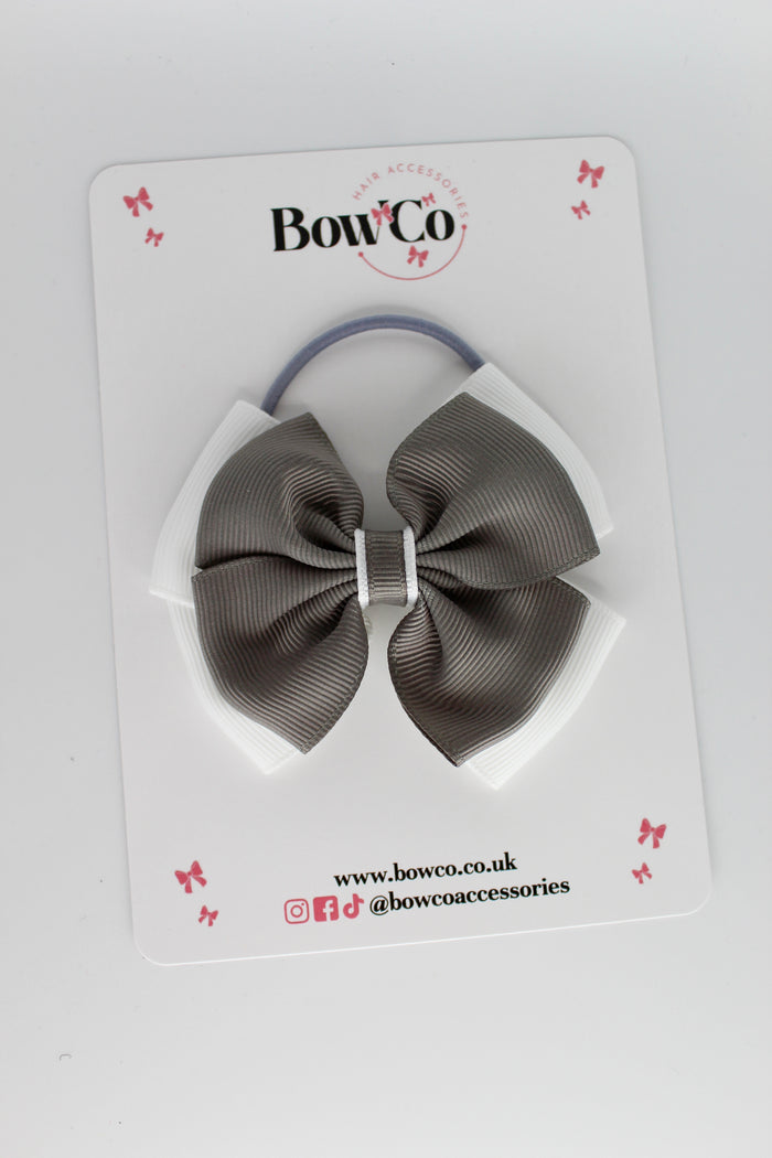 School Bow Metal Grey and White - Layer Edge Bow - Elastic
