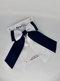 School Bow Navy Blue and White - Double Layer Tail Bow – Elastic