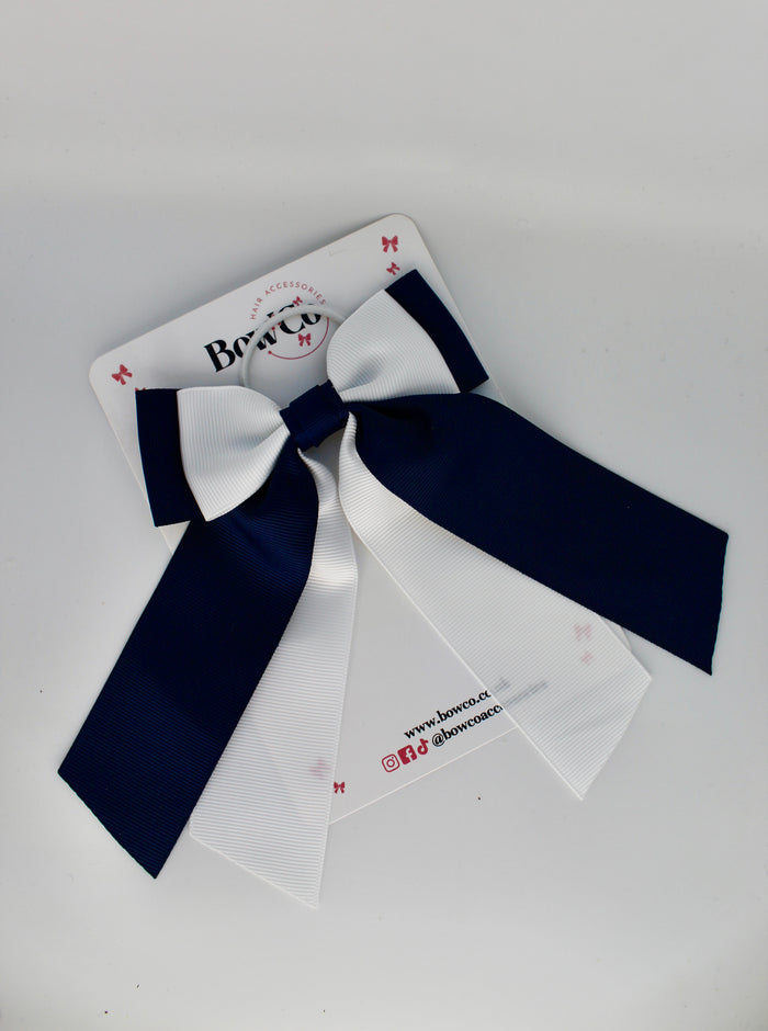 School Bow Navy Blue and White - Double Layer Tail Bow – Elastic