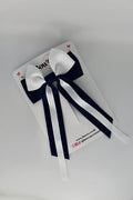 School Bow Navy Blue and White Streamer Tail Bow - Clip