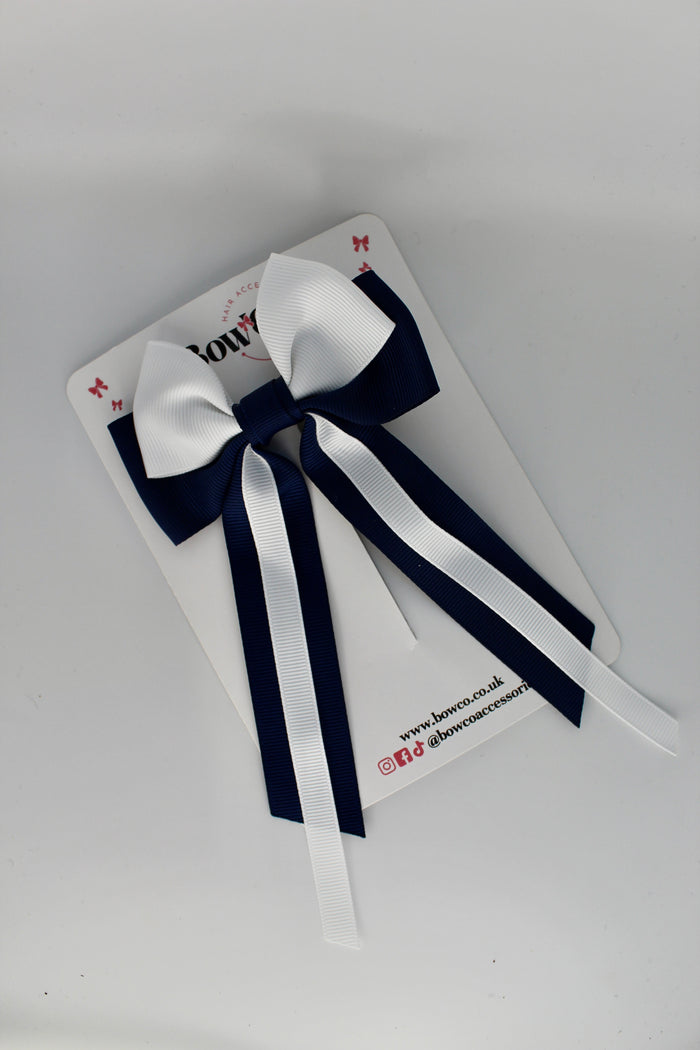 School Bow Navy Blue and White Streamer Tail Bow - Clip