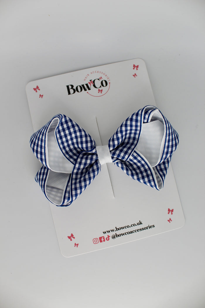 School Navy Blue Gingham Loop Bow - Clip