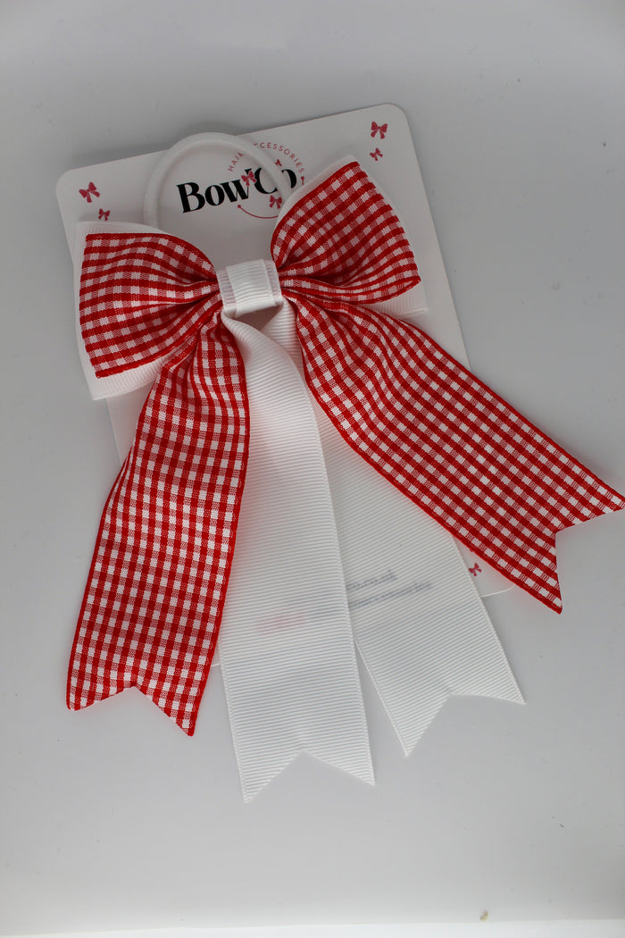 School Bow Red Gingham Classic Tail Bow - Elastic