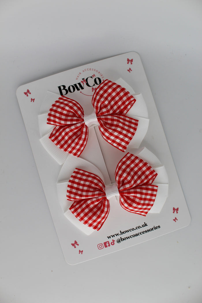 School Bow Red Gingham Pinwheel Bow Set - Clip