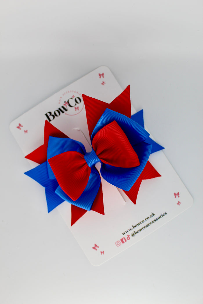 School Bow Royal Blue and Red Layer Bow - Clip