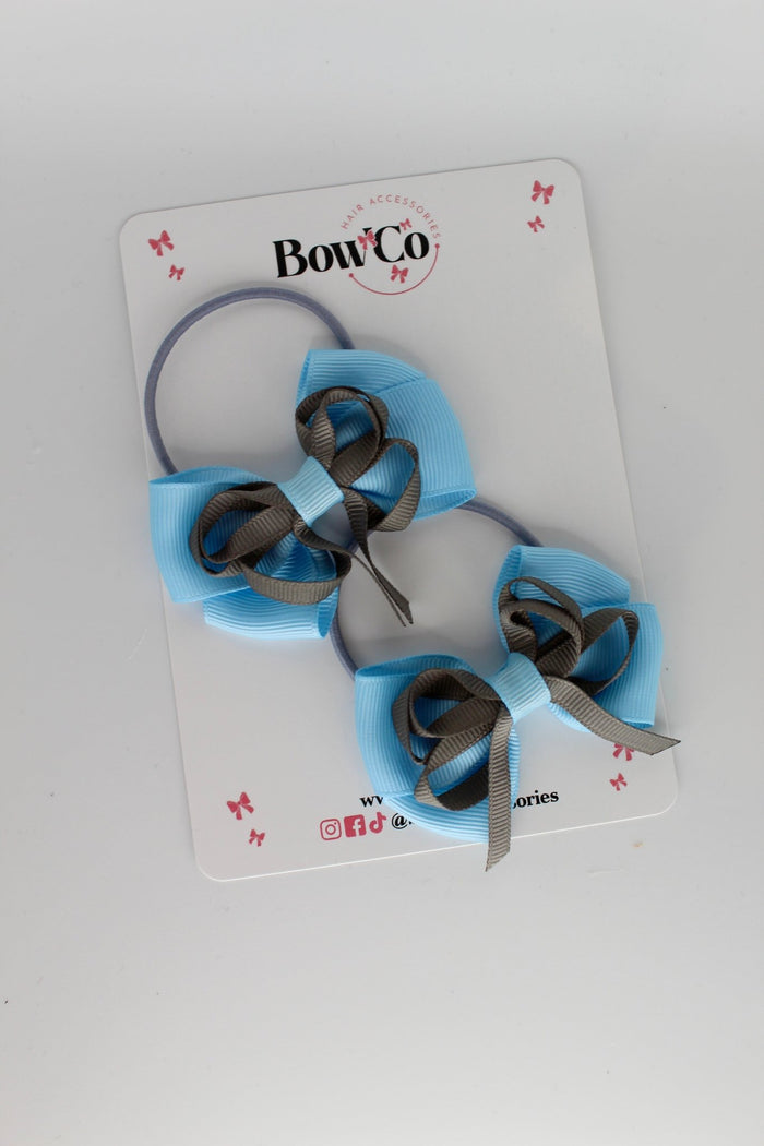 School Bows Blue Topaz and Metal Grey - Double Bow Set - Elastic