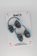 School Bows Blue Topaz and Metal Grey - Double Ribbon Bow Set - Elastic