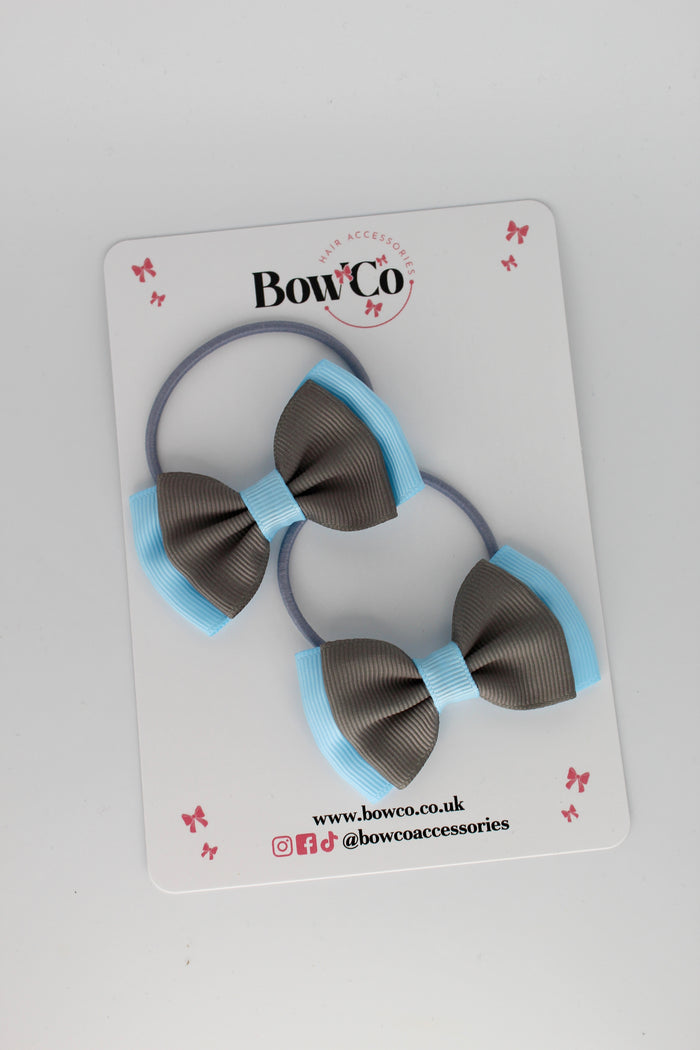 School Bows Blue Topaz and Metal Grey - Double Ribbon Bow Set - Elastic