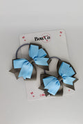 School Bows Blue Topaz and Metal Grey - Double Tail Bow Set - Elastic