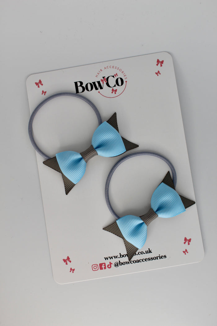 School Bows Blue Topaz and Metal Grey - Layer Tail Bow Set - Elastic