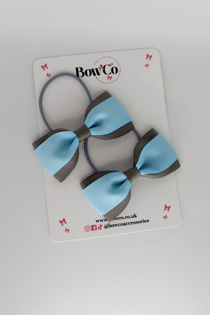 School Bows Blue Topaz and Metal Grey - Tuxedo Bow - Elastic