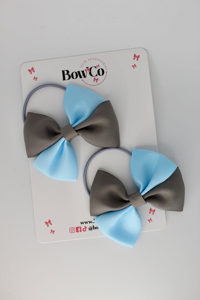 School Bows Blue Topaz and Metal Grey - Twist Bow Set - Elastic