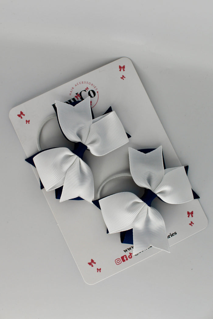School Bows Navy Blue and White - Layer Tail Bow Set - Elastic