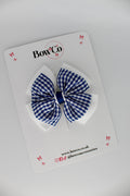 School Navy Blue Gingham Layer Edge Bow - Clip