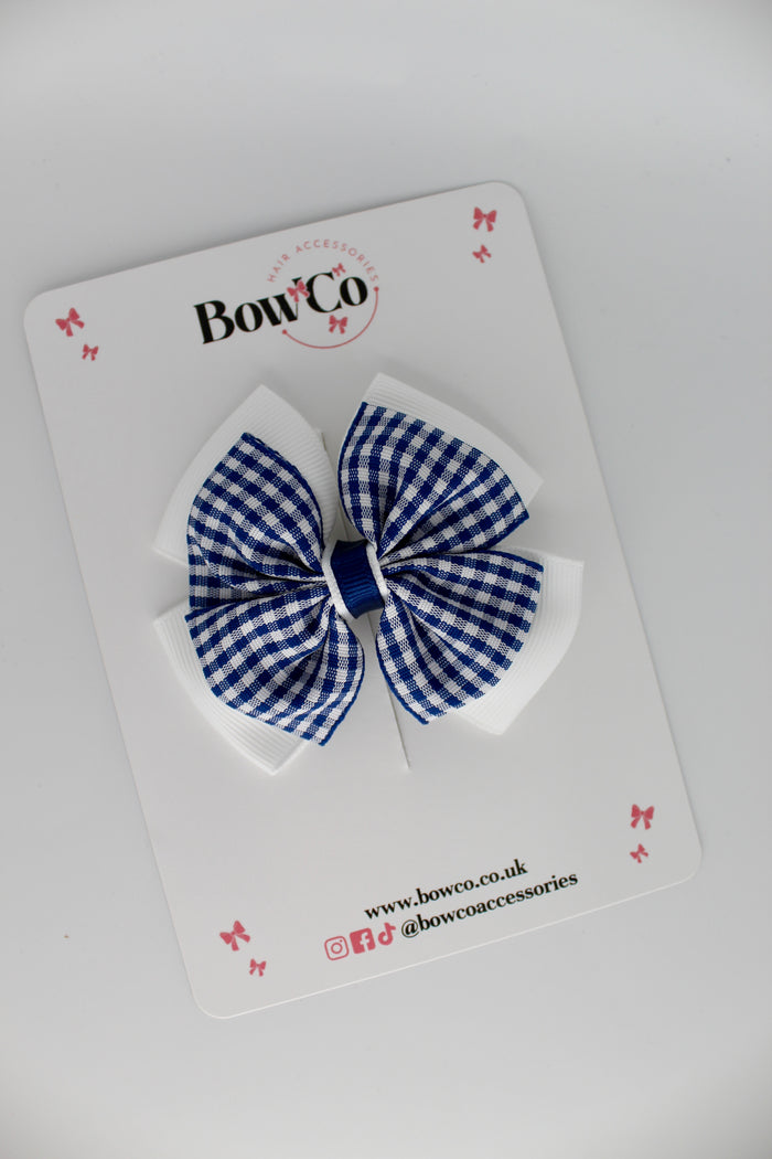 School Navy Blue Gingham Layer Edge Bow - Clip