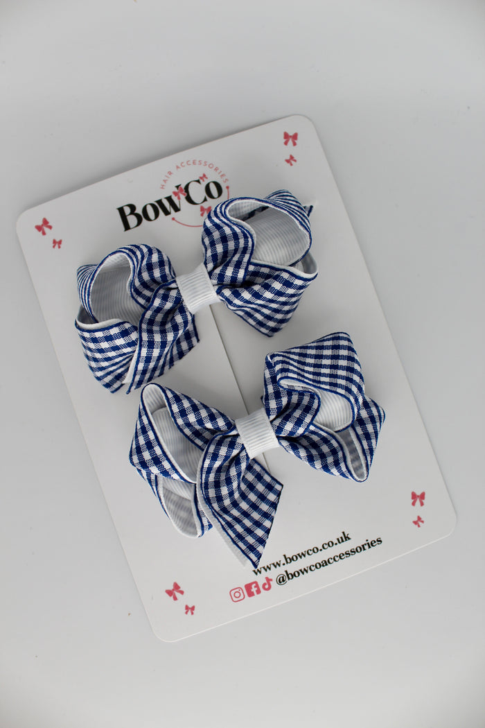 School Navy Blue Gingham Loop Bow Set - Clip