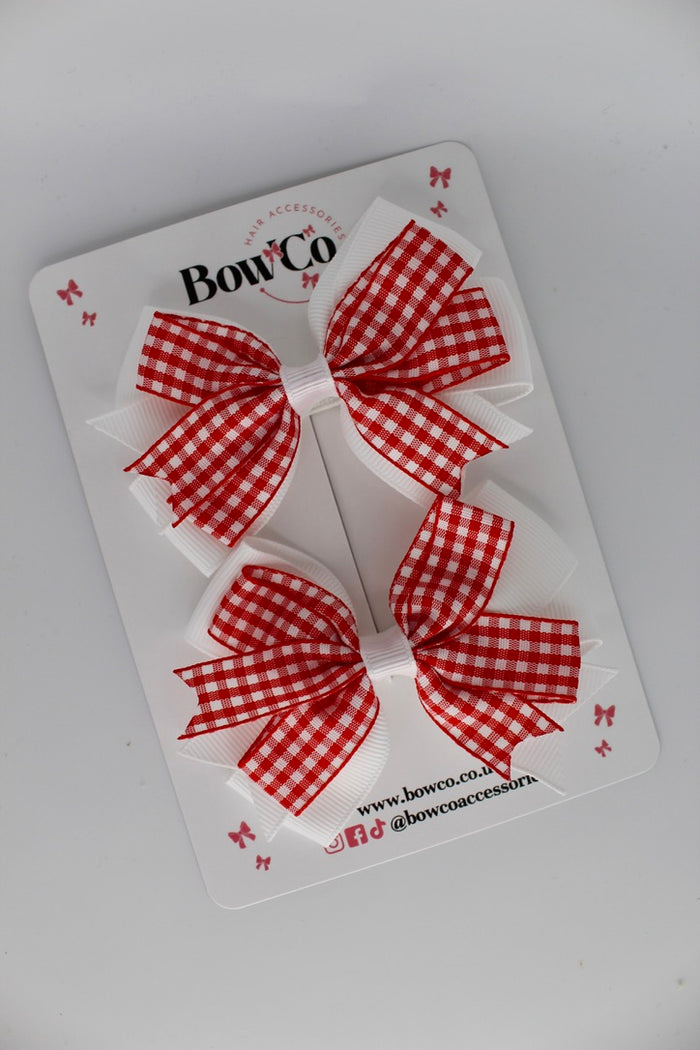 School Red Bow Gingham Double Tail Bow Set - Clip