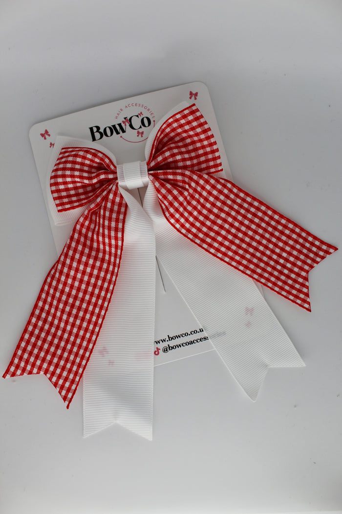 School Red Gingham Classic Tail Bow - Clip