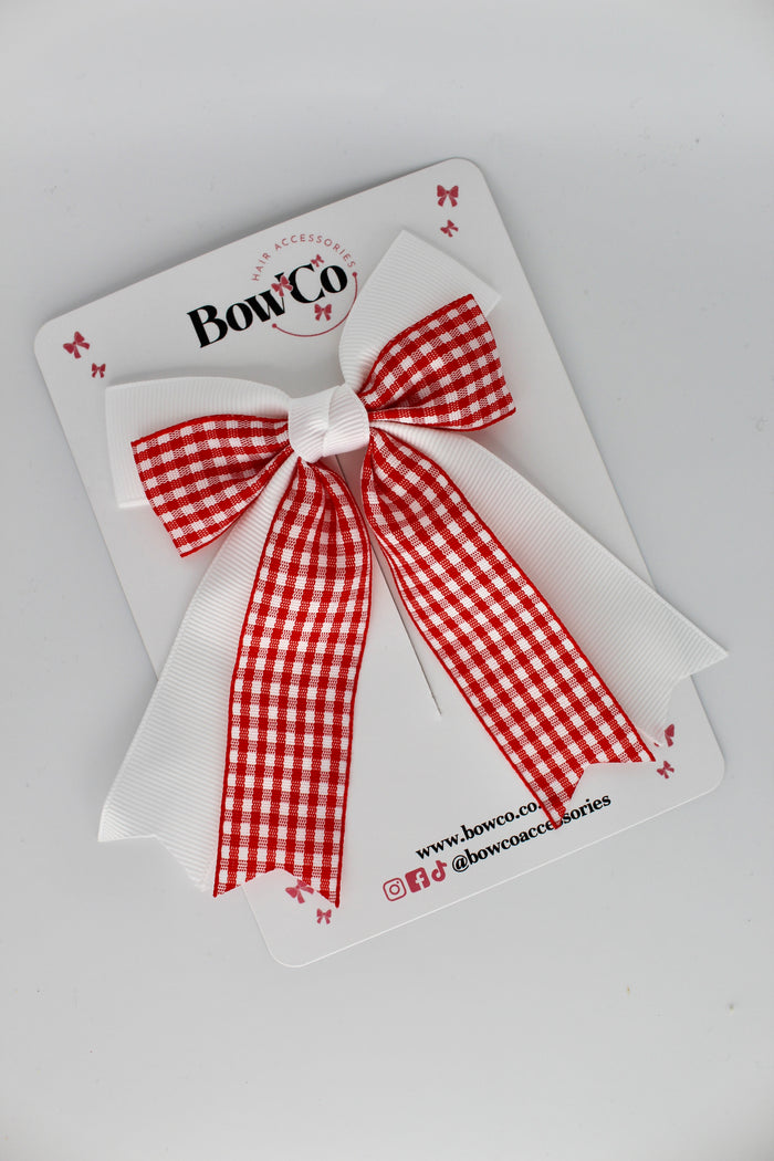 School Red Gingham Double Ribbon Tail Bow - Clip