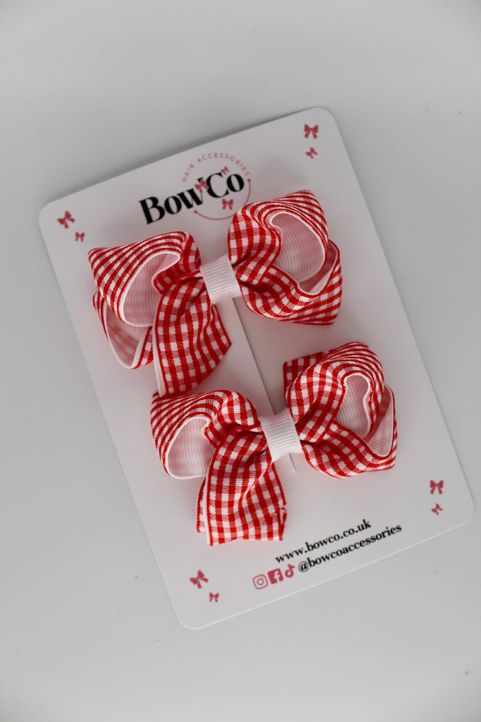 School Red Gingham Loop Bow Set - Clip
