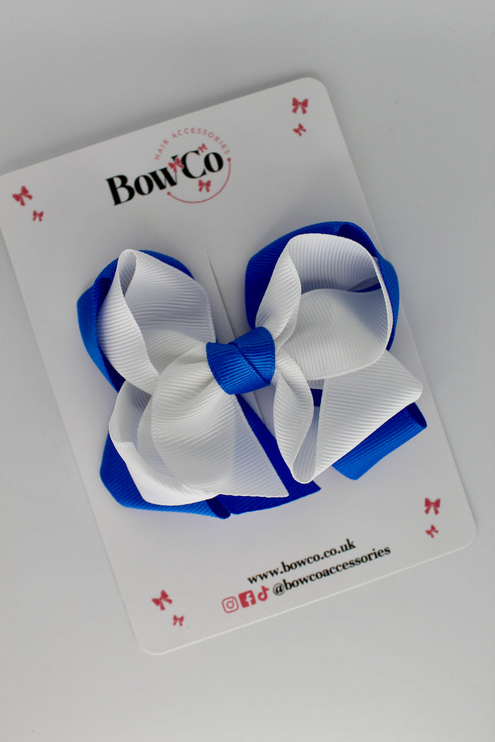 School Royal Blue and White Double Loop Bow - Clip