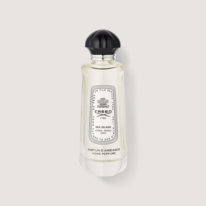 Creed Sea Island Room Spray Bottle - Front View, Clear Glass with Black Cap | Creed Boutique