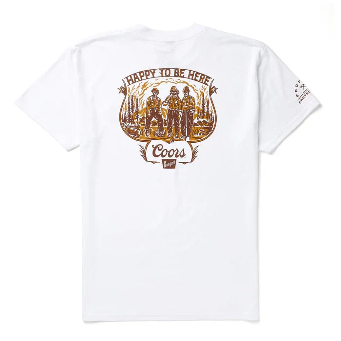 Seager x Coors Banquet Hotshots white men's graphic t-shirt with large firefighter illustration and back print