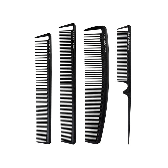 Sam Villa Signature Series 8 Piece Comb Set with Case, professional salon comb set made from carbon, silicone, and graphite, heat resistant up to 450 degrees, includes short, long, wide, and tail combs in black and ivory for all hair types and colors, seamless snag-free design, parting pick for precise sectioning, deluxe carrying case for storage and travel, essential hair styling tools for stylists