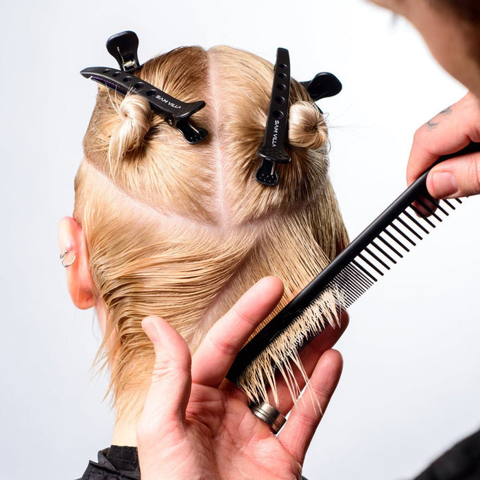 Sam Villa Signature Series Short Cutting Comb, professional heat-resistant silicone and graphite comb, seamless design for ultra-smooth glide, perfect for scissor over comb, precision detail cutting, smooth fringes and finishes, snag-free styling tool for all hair types, ergonomic and durable salon comb