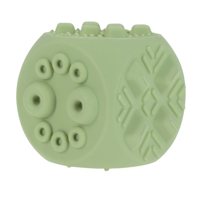 The Nuby US Silicone Popper Blocks (2 Pack) are light green dog toys with raised textures—circles, holes, and lines—for chewing and dental stimulation, inspired by baby sensory toys.