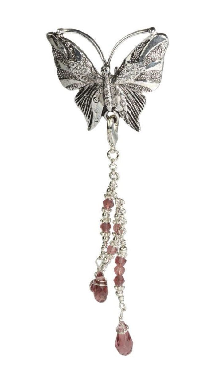 Silver butterfly hair hook ponytail holder with dangling pink crystal bead charms, front view