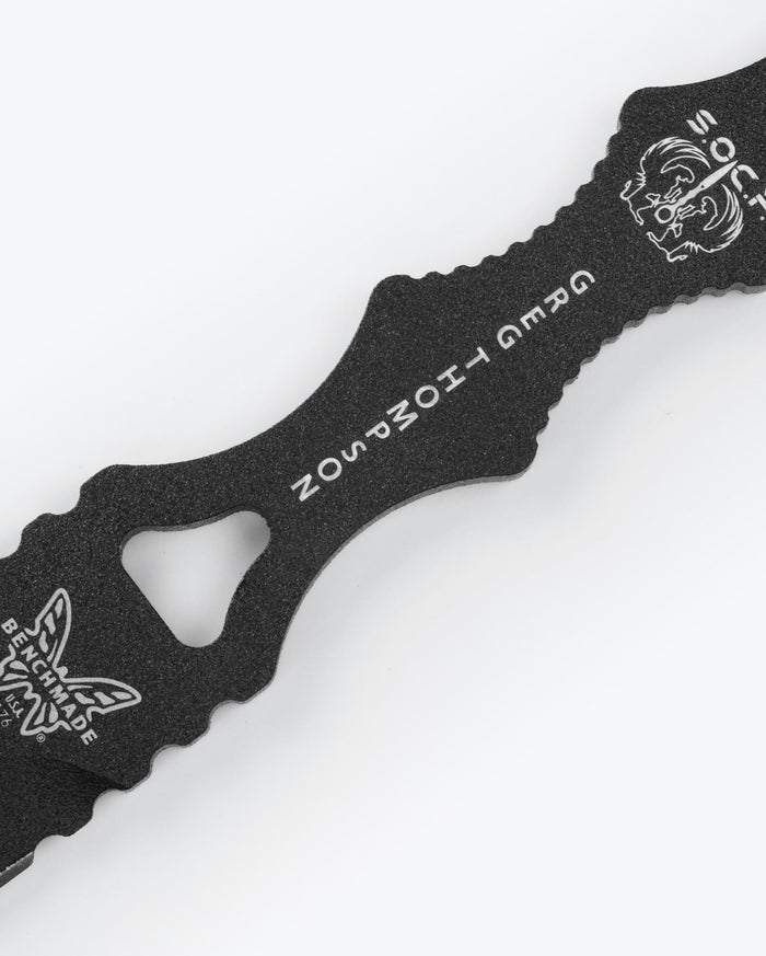 Black SOCP® Dagger close-up view showing tactical engravings - Benchmade Knife Co.