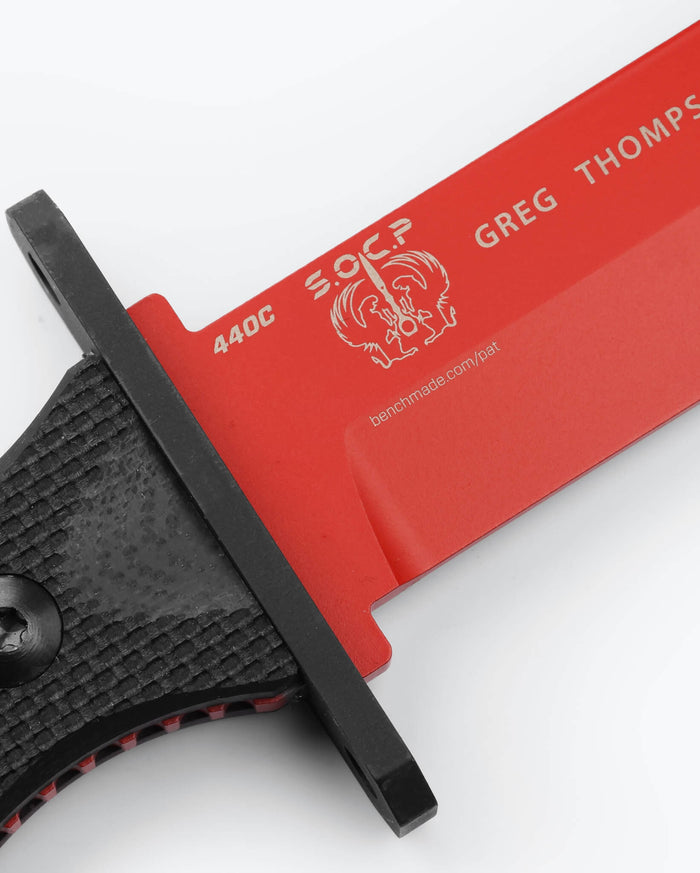 Red 440C Steel SOCP® Trainer Blade - Close-up Detail | Benchmade Knife Co.