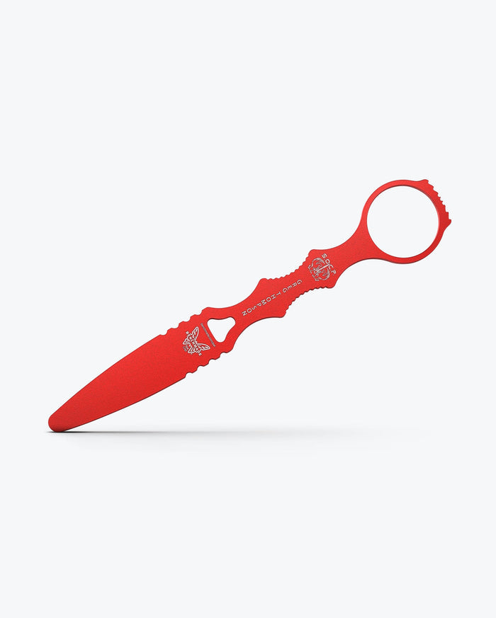 Red SOCP® Trainer knife angled, tip down - Benchmade Knife Co.