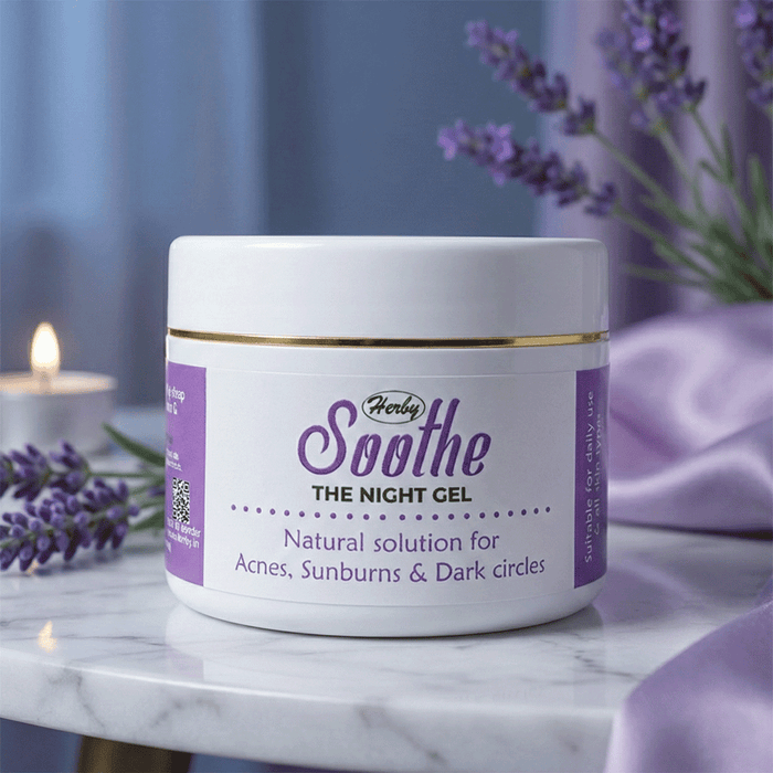 Herby Soothe Night Gel jar on a marble surface with lavender sprigs and candlelight for acne, sunburn, and dark circles.