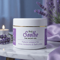 Herby Soothe Night Gel jar on a marble surface with lavender sprigs and candlelight for acne, sunburn, and dark circles.