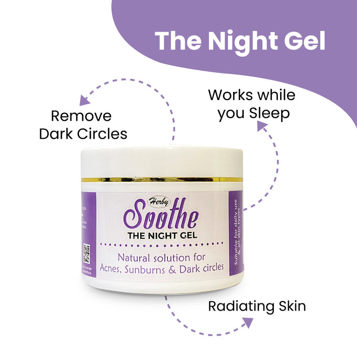 Infographic on Herby Soothe Night Gel showing dark circle removal, overnight action, and radiating skin results.