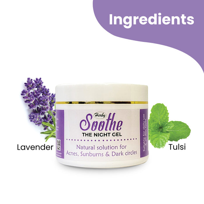 Herby Soothe Night Gel jar shown with lavender flowers and tulsi leaves highlighting its two key natural ingredients.