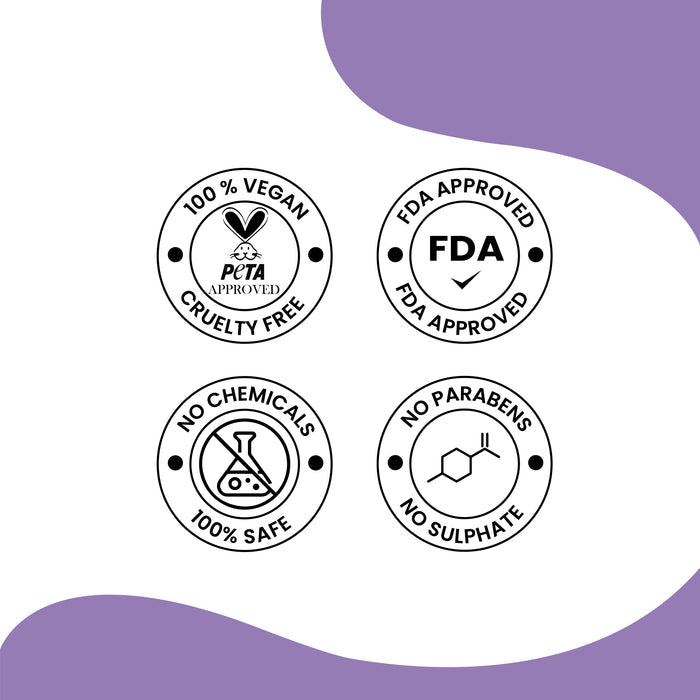 Certification badges for Herby Soothe Night Gel showing vegan, FDA approved, chemical-free, and paraben-free claims.