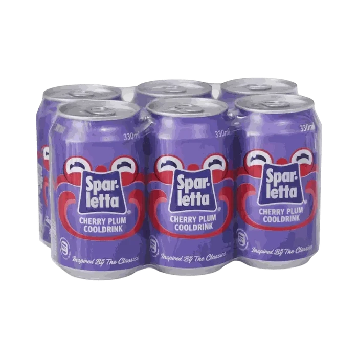 Six-pack of 330ml Sparletta Cherry Plum cans, South African cherry and plum flavored soft drink
