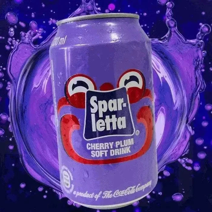 Sparletta Cherry Plum 330ml can with fizzy cherry and plum soft drink, iconic South African refreshment