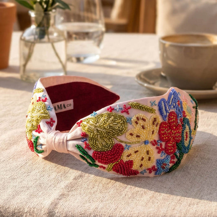 Multicolored floral headband with burgundy velvet lining
