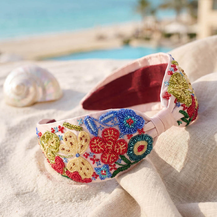 Beach Vacation headband with floral beading on blush pink satin