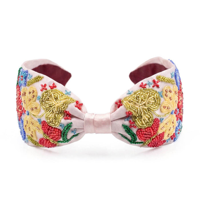 Knotted embroidered floral headband with multicolor beaded flowers