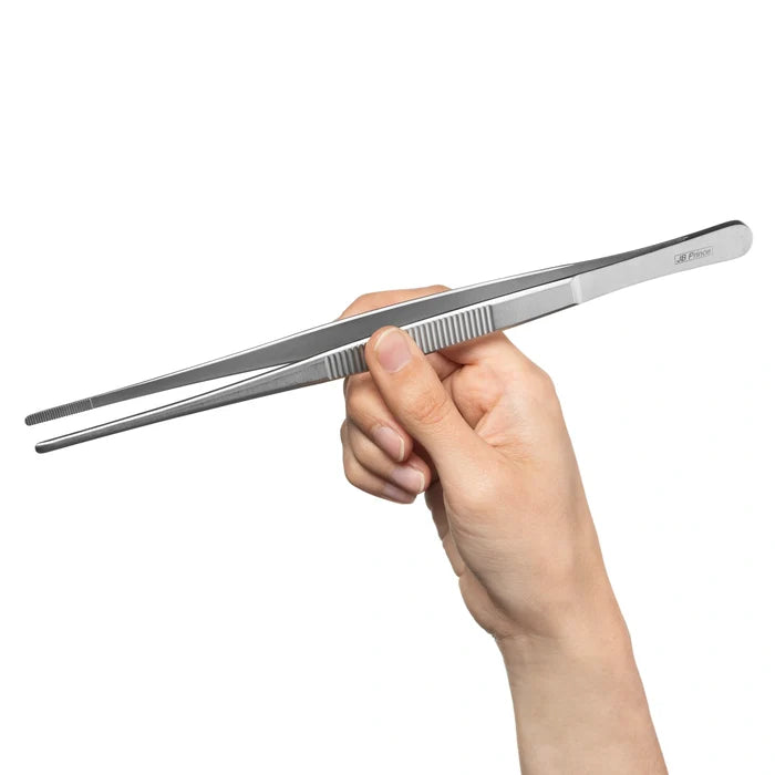 Hand holding a pair of JB Prince Straight Tip Tweezer - 10 inch against a white background.