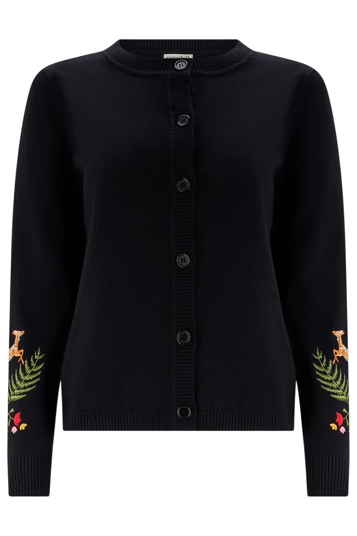 SUGARHILL BRIGHTON KAMILA CARDIGAN, BLACK WOODLAND EMBROIDERY