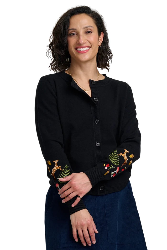 SUGARHILL BRIGHTON KAMILA CARDIGAN, BLACK WOODLAND EMBROIDERY