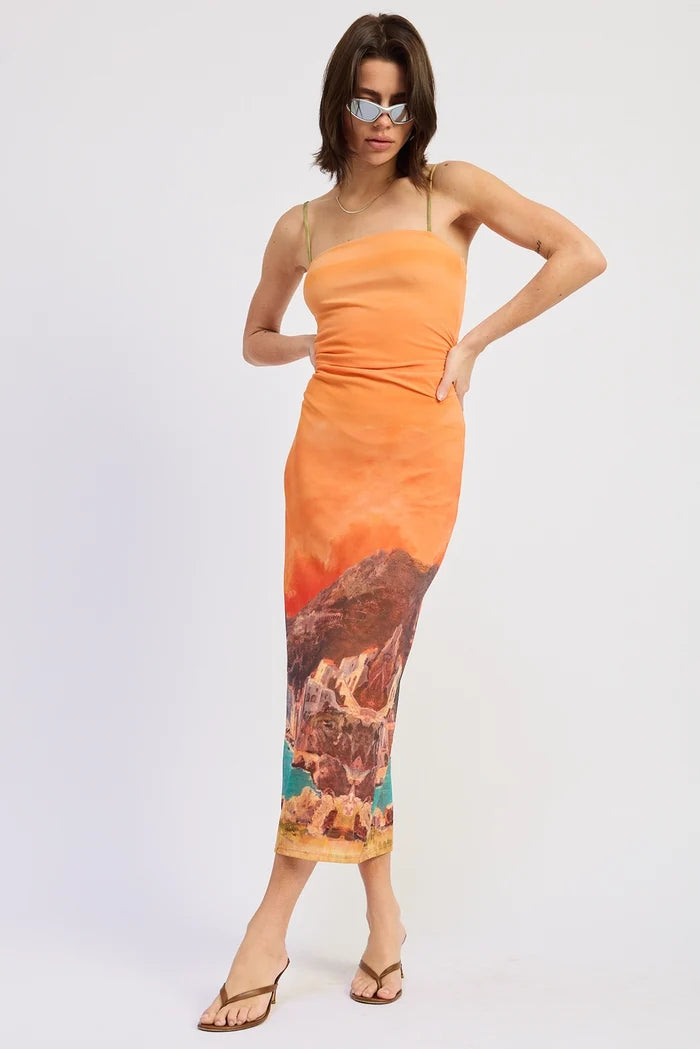 Sunset Printed Mesh Dress